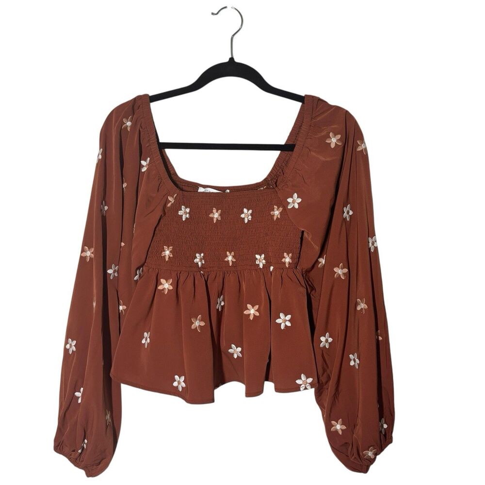 Altar’d State Rust Crop Babydoll Smocked Long Sleeve Daisy Top XS Peasant Boho
